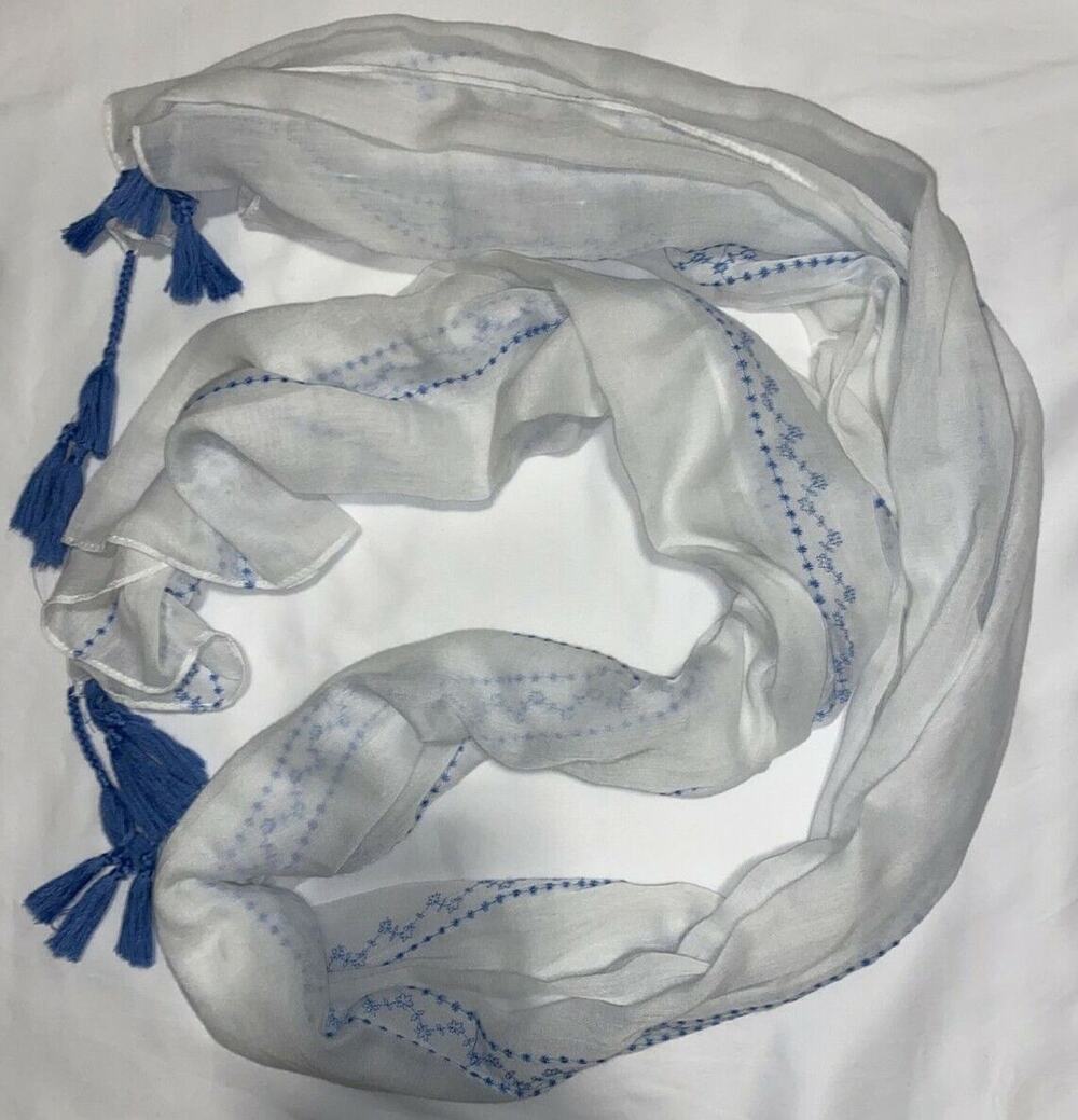 Urban Outfitters Pins and Needles Unique Scarf White/Blue with Tassels